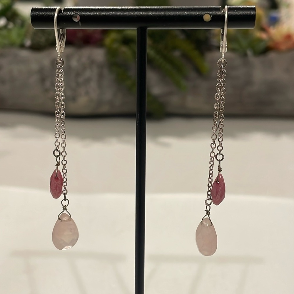Guava & Rose Quartz Tear Drop Stone and Sterling Chain Earrings - 2 3/4” Long